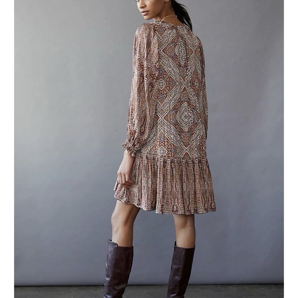Anthropologie Sabia Flounced Tunic Dress Small Brown Multi V Neck Pockets Lined - Picture 2 of 16
